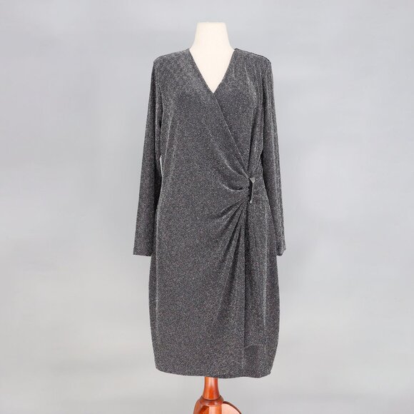 CALVIN KLEIN Sparkle Metallic Faux Wrap Ruched V-Neck Dress Black Size 18W - Picture 1 of 8